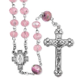 TrueFaithJewelry 7mm Pink Glass Cut Crystal Flower Beads Rosary Prayer Beads Necklace with Jesus Crucifix Cross and Miraculous Center, for Women and Men, 31-inch