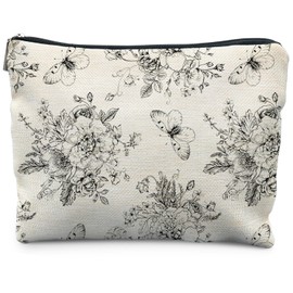 RYYCDOI Vintage Boho Floral Butterfly Makeup Bag, Chinoiserie Black and White Cosmetic Bags for Women, Cottagecore Botanical Butterfly Zipper Makeup Pouch