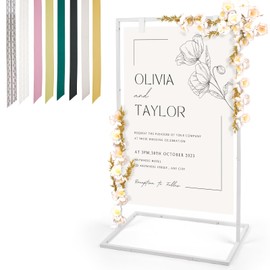 Cathyeen Wedding Welcome Sign Stand, 50”x30”x 20” Heavy Duty Easel Stand for Sign with 8 Pair Satin Ribbon, Welcome to Our Wedding Sign Holder, Metal Floor Standing Easels for Signs, Poster (White)