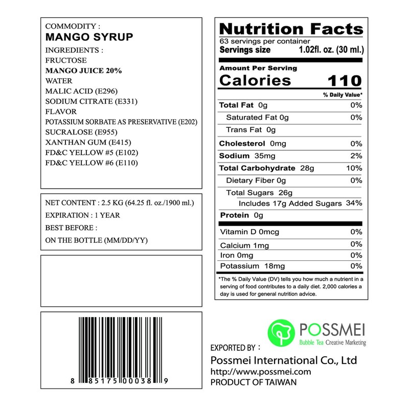 Possmei Flavored Syrup, Mango, 5.5 Pound