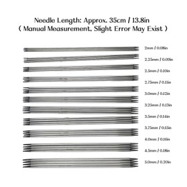 44 Pieces 35 cm Long Stainless Steel Knitting Needles Set 2 mm - 5 mm 11 Sizes Double Pointed Straight Crochet Hooks Metal Needle Set for Socks Gloves Beginners DIY Knitting