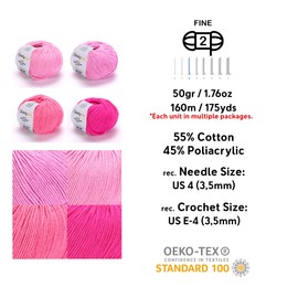 HobbyMia 4 Balls Different Color Cotton Yarn Pack & 10pcs Stitch Markers Soft Yarn for Knitting & Crochet - 4X (50gr / 175yds) - (2) Sport, Fine Weight Baby Yarn for Amigurumi (H24 - Pink)