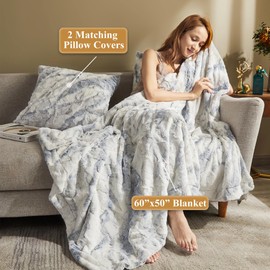 XeGe 3 PCS Soft Fluffy Blanket Set, Double Side Faux Fur Throw Blanket, Soft Fuzzy Couch Blanket 50x60, with Decorative Furry Throw Pillow Covers 20x20 for Bed Sofa Living Room, Grey Blue Marble Print