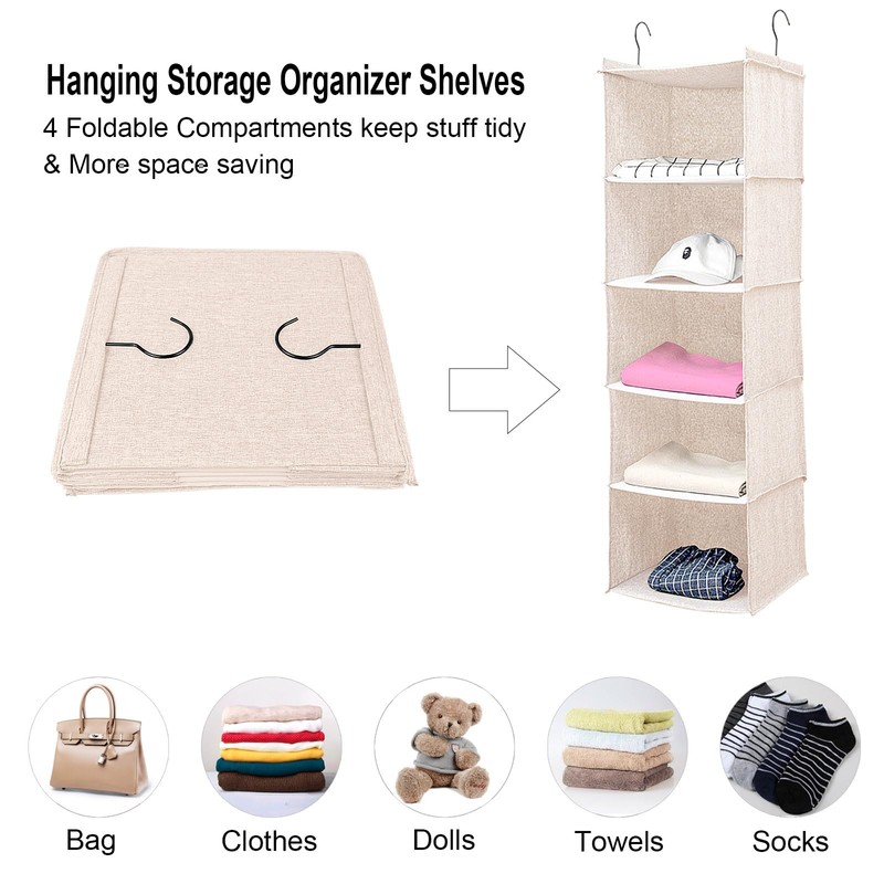 BOMEI PACK Beige Hanging Wardrobe Closet Organizer Shelves with 5