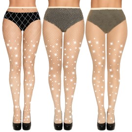 W-ZEST 3 Pack Sparkly Large Medium And small Mesh Fishnet Tights For Women Glitter Rhinestone Fishnets Stockings (US, Alpha, One Size, Regular, Regular, Nude)