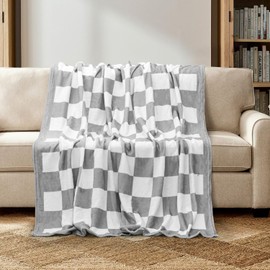 Horaldaily Checkered Flannel Blanket 50x60 Inches Grey Fleece Blanket Throw, Soft Lightweight Plush Cozy Blankets for Bed, Sofa, Couch, Travel, Camping