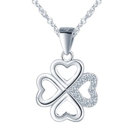 CPSLOVE Women's Four Leaf Clover Zircon Necklace Elegant 925 Silver Skeleton Clover Chains Pendant with Singapore Chain for Girls Fashion Jewellery, Cubic Zirconia