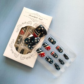 Independence Day Press on Nails Medium Square Fake Nails Red Blue False Nails with Glitter Designs Star Acrylic Nails Patriotic Holiday Stick on Nails 4 of July Glue on Nails for Women 24Pcs