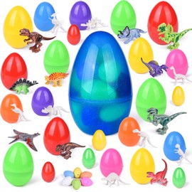 25 PCs Prefilled Easter Eggs Filled with Building Block Dinosaur Toys for Easter Basket Stuffers, Kids Easter Theme Party Favors, Easter Eggs Hunt and Classroom Prize Supplies