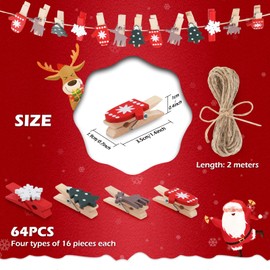 GeeRic Pack of 60 Christmas Wooden Clips, Christmas Tree Photo Clips, Elk Gloves, Snowflake Clothespins, DIY Photo Clips, Christmas Decoration