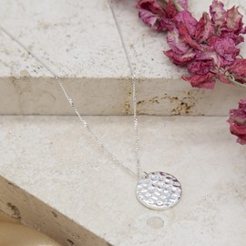 Tuscany Silver Women's Sterling Silver 16mm Hammered Disc Pendant on Sterling Silver Curb Chain 46cm/18