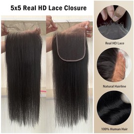 Mscathy 5x5 SKINLIKE Real HD Lace Closure, 0.10mm Ultra-thin Invisible HD Lace Closure Single Knot Pre-Plucked Brazilian Human Hair Closure Natural Color (5x5 HD Lace Closure-Straight, 18 Inch)