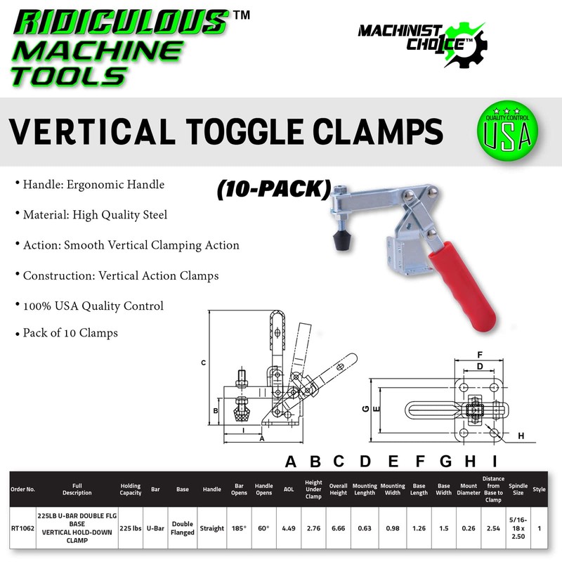 (10-Pack) 225LB U-BAR DOUBLE FLG BASE VERTICAL/HORIZONTAL HOLD-DOWN CLAMP