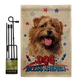 Patriotic Norfolk Terrier Burlap Garden Flag Set with Stand Animals Dog Puppy Spoiled Paw Canine Fur Pet Nature Farm Animal Creature Small Gift Yard House Banner Double-Sided Made In USA 13 X 18.5