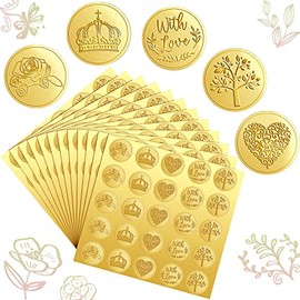 500 Pieces Gold Embossed Envelope Seals Stickers Adhesive Seal Stickers Vintage Embossed Foil Certificate Seal Plant DIY Labels for Wedding Invitations Envelopes, 5 Patterns (Elegant Style)