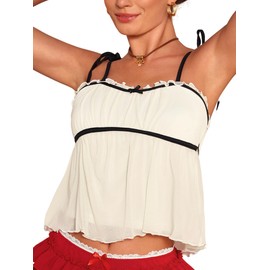 Kaei&Shi Camisole Tank Tops,Tie Shoulder Lettuce Trim Coquette Crop Top,Cute Going Out Outfits for Women Vacation Date Beige Large