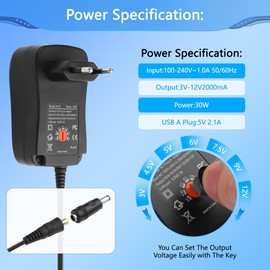 CERRXIAN Adattatore universale AC/DC regolabile da 30 W, da AC a DC 3 V, 4,5 V, 5 V, 6 V, 7,5 V, 9 V, 12 V, 2 A, con 8 punte di adattatori selezionabili e porta USB da 5 V, 2,1 A, per elettronica
