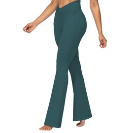 Sunzel Flare Leggings for Women with Pockets, Crossover Yoga Pants with Tummy Control, High Waisted and Wide Leg 34" Forest Green X-Large
