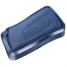SK CUSTOM Funda de cuero azul y marco de aluminio para llave inteligente compatible con Lexus ES350 ES300h UX200 LS500 LS500H LC500 LC500h 4 botones sin llave accesorio remoto para coche