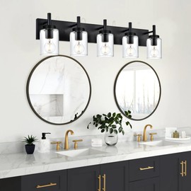 BONLICHT 5-Light Vanity Bath Light in Black, Modern Bathroom Light with Clear Glass,Industrial Vanity Lighting Fixture Farmhouse Wall Mount Lights for Bathroom Mirror Living Room Bedroom Hallway