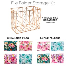 Global Printed Products Deluxe Designer Hanging File Folder Kit, Includes Metal Hanging Basket, 12 Hanging Folders, 24 File Folders, 1/3 Cut Tab, Assorted Positions, Letter Size (Floral)