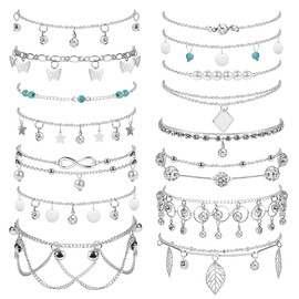 Dochais Pack of 7-24 Shiny Silver Anklets with Rhinestones Waterproof Boho Adjustable Summer Anklet Women's Anklet Vintage Beads Anklet, 21 cm, Metal