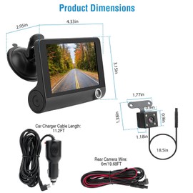 KOCASO Dual Dash Camera for Cars Dash Cam Front and Rear with Touch Screen FHD 1080P Car DVR Dash Camera 4In 3 Lens Vehicle Driving Recorder，Seamless Loop Recording