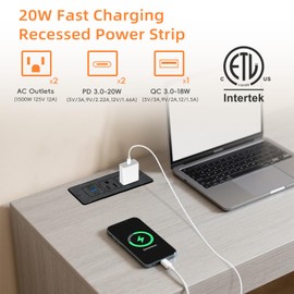 Recessed Power Strip USB, 20W Fast Charging Furniture Outlet - 2 AC & 3 USB (2 USB-C + 1 USB-A) for Desk, Bedside, Drawer, Conference Table - Space-Saving, Easy Install, 6FT Cord, Black