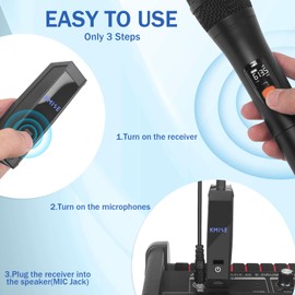Kmise Wireless Microphones, Dual Cordless Mics 2x30 UHF Adjustable Frequencies with 2 Metal Microphones,Rechargeable Receiver,Auto Paired,1/4 "Output for Karaoke,Party,DJ,Wedding,Church