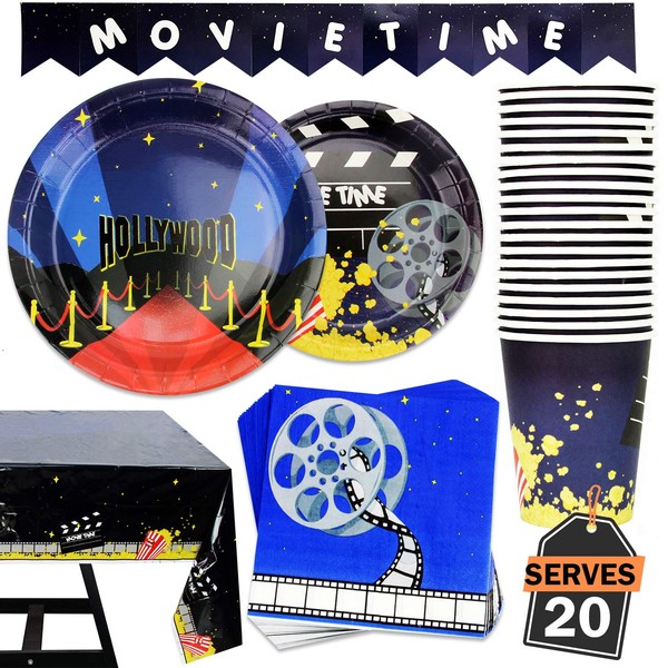 82 Piece Movie Night / Red Carpet Theme Party Supplies Set Including Banner, Plates, Cups, Napkins, and Tablecloth, Serves 20
