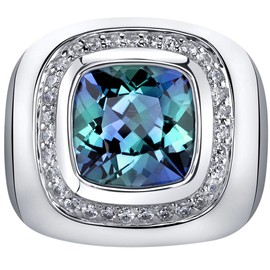 PEORA Men's Simulated Alexandrite Signet Ring 925 Sterling Silver, Color-Changing Large 7 Carats Cushion Cut 11mm, Size 10, Color Change Alexandrite Jewelry, June Birthstone w/Jewelry Box