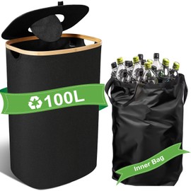 26 Gallon Foldable Recycling Bin with Lid - Heavy Duty Collapsible Storage Container for Home, Office, Garage - Space-Saving, Eco-Friendly, Durable Design - Perfect for Trash, Recycling (Black)