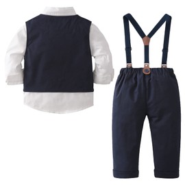 amokk Baby Boy Formal Wear Suits Bow Tie and Suspenders Outfit for 1st Birthday Party Christening Clothing Set (Navy, 2-3 T)