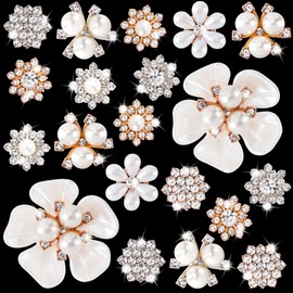 Pndeyo 20pcs Flower Pearl Button for Jewelry Making, Sparkle Rhinestone Floral Decorative Button, Flatback Craft Button Embellishments for Wedding Party Clothes Bags Shoes Decoration