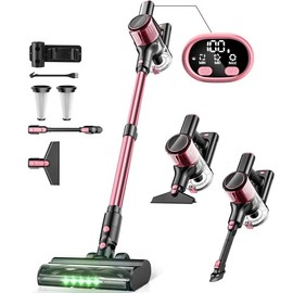 VICEASE Vacuum Cleaner Pro, 350W 33Kpa, 3 Modes Suction, Anti-Tangle Brush & Green LED, 10-in-1 Cordless Vacuum for Hard Floor/Carpet/Pet Hair/Car Cleaning Tools carpet cleaner - Color: Pink Elegance