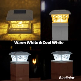 SIEDiNLAR Solar Post Cap Lights Outdoor 2 Color Modes 8 LEDs for 4x4 5x5 6x6 Posts Fence Deck Patio Decoration Warm White & Cool White Lighting White (1 Pack)