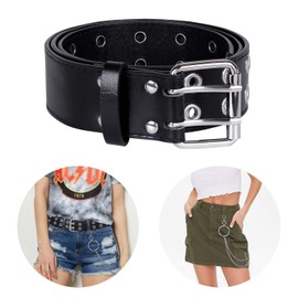 WHIPPY Double Grommet Belt with Chain for Women Men PU Leather Double Prong Buckle Punk Rock Jeans Waist Belts (Black, L)