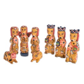 NOVICA Artisan Handmade Wood Nativity Scene Dogthemed from Guatemala 9 Piece Yellow Holiday Decor Ornaments Scenes Christian Christmas Painted Animal Floral [largest Piece 6in H x 2in W x 1.6in D Sma]