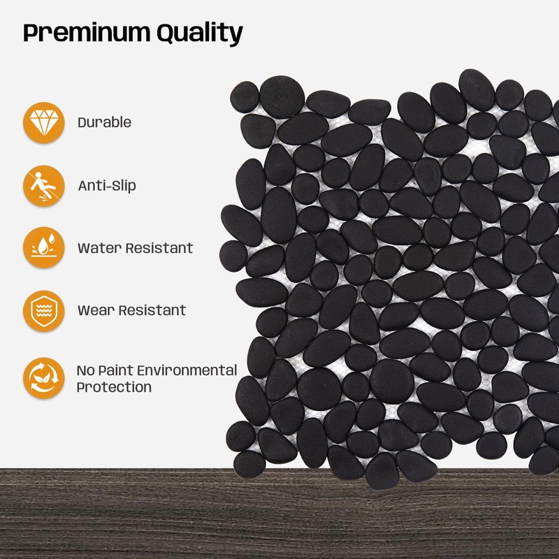 Adolif Pebble Tile for Shower Floor, Black Pebble Mosaic Backsplash