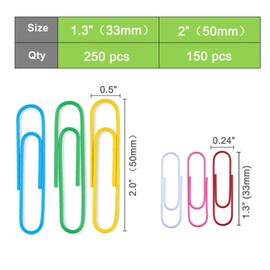 Vinaco Paper Clips Colorful, 400PCS Medium and Jumbo（1.3 inch & 2 inch） Paper Clips, Durable and Rustproof, Coated Large Paperclips Great for Office School Document Organizing (Multicolored)