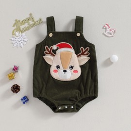 JLKGICF Baby Christmas Outfit Newborn Boy Girl Cute Reindeer Romper Suspender Overalls Onesie First Christmas Clothes (D-Deer Army Green, 12-18 Months)