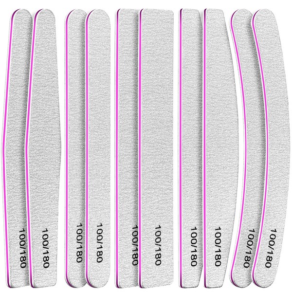 FANDAMEI 10 Pcs in 5 Shapes Professional Nail Files - 100/180 Grit Double Sided Emery Boards Gel Nail Files and Buffers, Nail Buffer Block Manicure Kit for Natural Artificial Nails in Salon Home Use