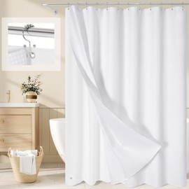 Craidlela 3-in-1 White Waffle Shower Curtain Set, Waterproof Fabric Modern Shower Curtain with PEVA Liner & 12 Stainless Steel Double-Sided Hooks, Hotel Style Bathroom Decor, 72 x 72