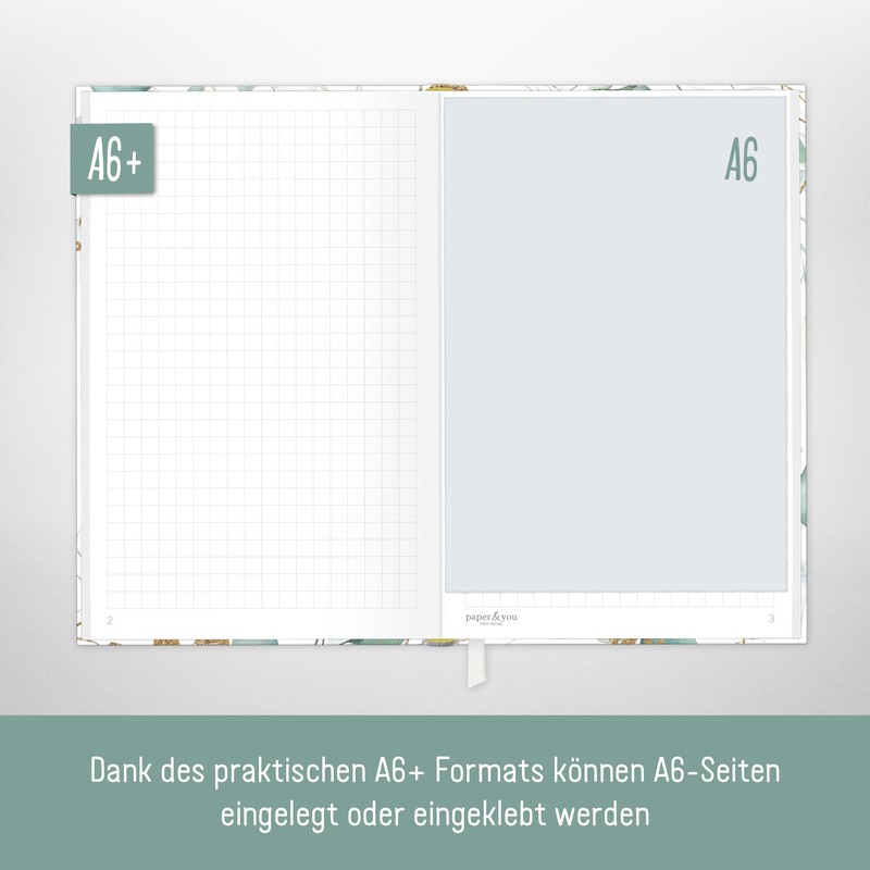 paper&you® Notebook Squared A6+ with Elastic Band [Gold Leaf] with