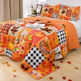 ASPMIZ Fall Queen Quilt Bedding Set Thanksgiving Quilts Queen Size Patchwork Pumpkin Leaves Bedspread Washable Soft Reversible Orange Plaid Quilts with 2 Pillowcases Fall Decorations for Home 90"x90"