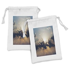 Lunarable Landscape Fabric Pouch Set of 2, Sundown Through the Dark Clouds Summer Twilight Overcast Sky Scenic, Small Drawstring Bag for Toiletries Masks and Favors, 9" x 6", Pale Orange Night Blue