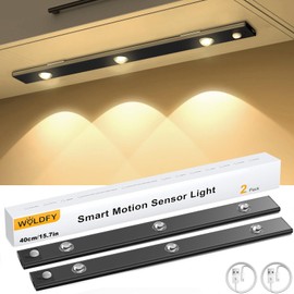 WOLDFY 3 Color Tempers Dimmable Under Cabinet Lights Wireless[2 Pack], 2000mAh Rechargeable LED Motion Sensor Lighting Indoor, Magnetic Closet Lights, Black-15.7in