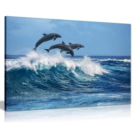 Dolphins Jumping Over Blue Waves Ocean Wildlife Canvas Wall Art Picture Print (36x24in)