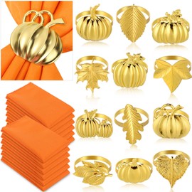 Remerry 24 Pcs Thanksgiving Fall Napkin Rings Set, Include 12 Pumpkin Maple Leaf Napkin Rings Gold Napkin Holder 12 Solid Color Cloth Dinner Napkins for Thanksgiving Autumn Party Table Decoration