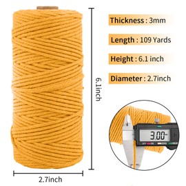 3mm x 109Yards Thick Natural Cotton Macrame Cord, 4 Strand Twisted Cotton Cord Rope for Soft Macrame Natural Color Handmade Wall Hanging, Plant Hanger, Craft, Knitting, Decorative Project